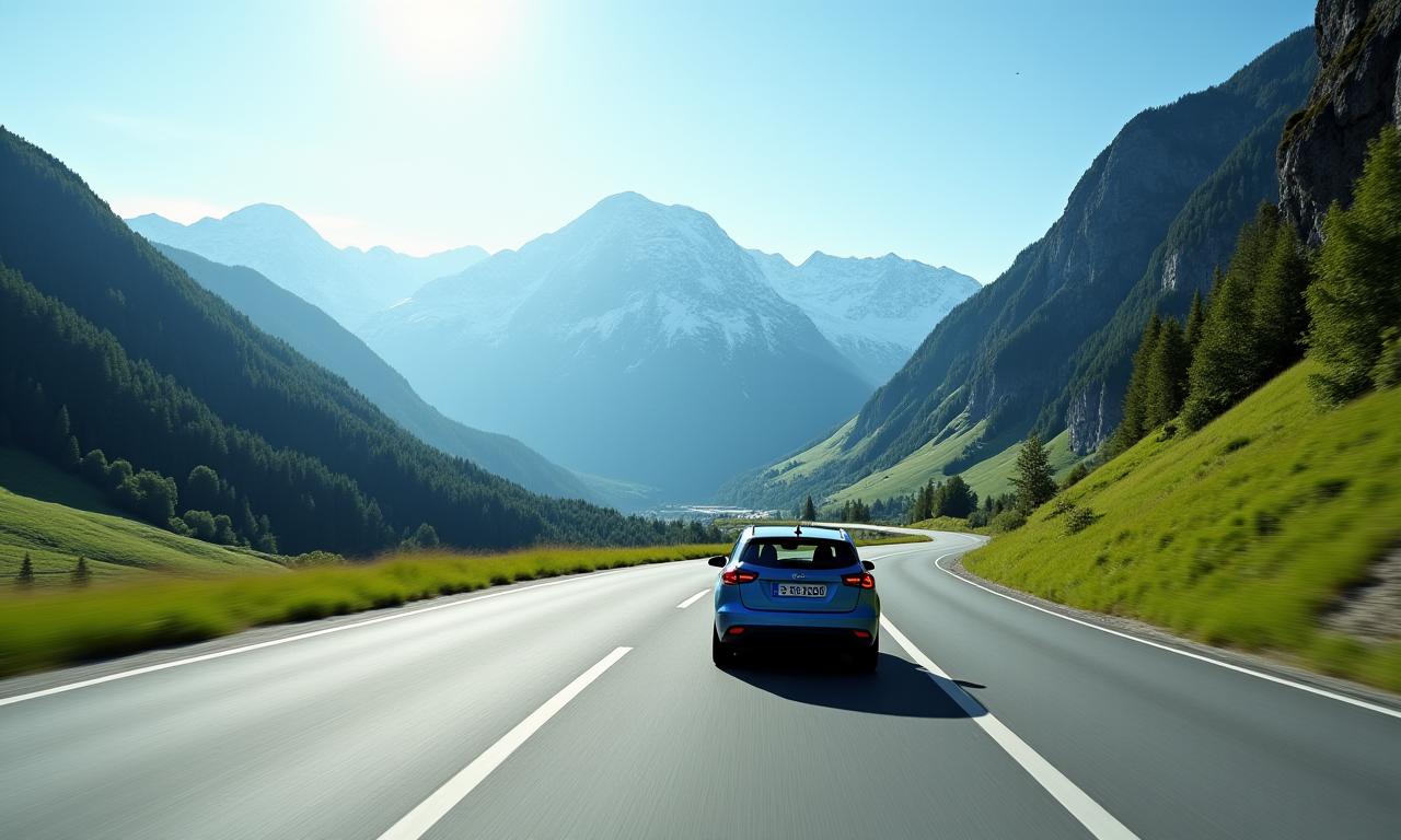 A car driving on a scenic Swiss highway with mountains in the background.