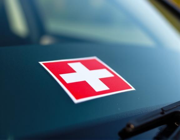 A close-up of a Swiss vignette sticker correctly applied to a car's windshield.